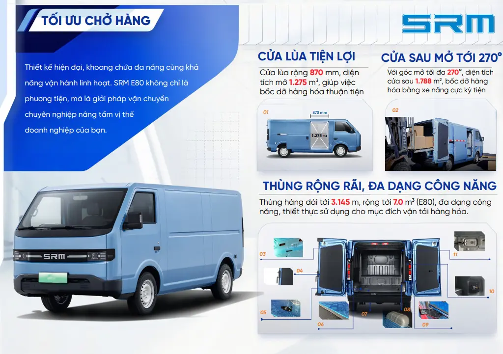 XE TẢI VAN ĐIỆN SRM E60 - Kích thước lòng thùng hàng chi tiết và rộng rãi